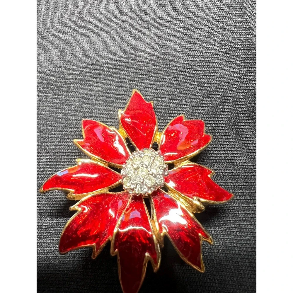 Vintage Gold Tone Red Floral Clear Crystal Enamel Brooch Pin